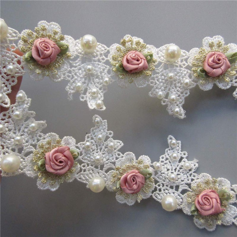 Milcraft 1 Yard Vintage Gold Pearl Rose Flowers Embroidered Lace Trim Fabric Floral Appliques Lace Ribbon Bridal Ornaments Handmade DIY Sewing Supplies Craft for Costume Hat Decoration 1.96" Wide - Image 5